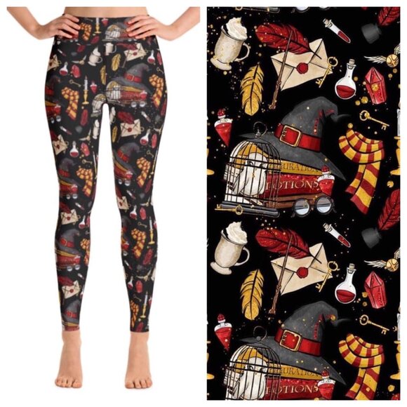 Gryffindor Themed Red Wizard House Print Black Soft Leggings - Picture 7 of 7